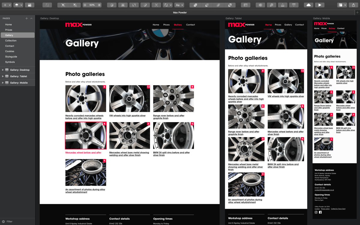 Gallery page example illustrating desktop, tablet and mobile versions