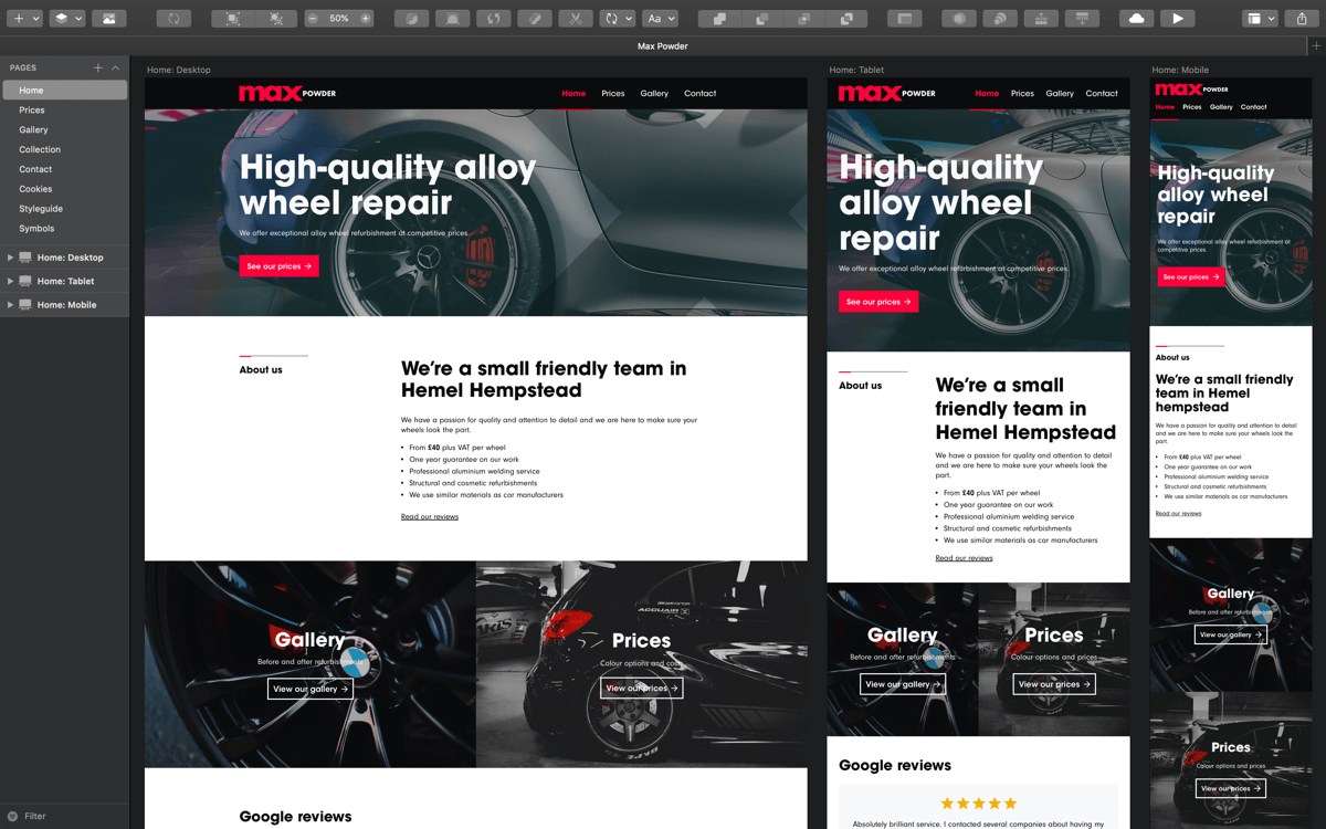 Home page example illustrating desktop, tablet and mobile versions