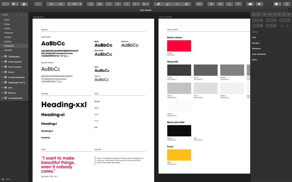 Style guide example illustrating typography and colour palette
