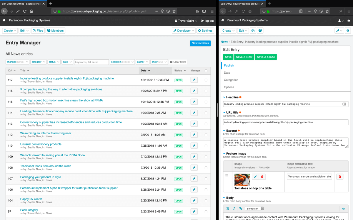 ExpressionEngine CMS for Paramount Packaging news content