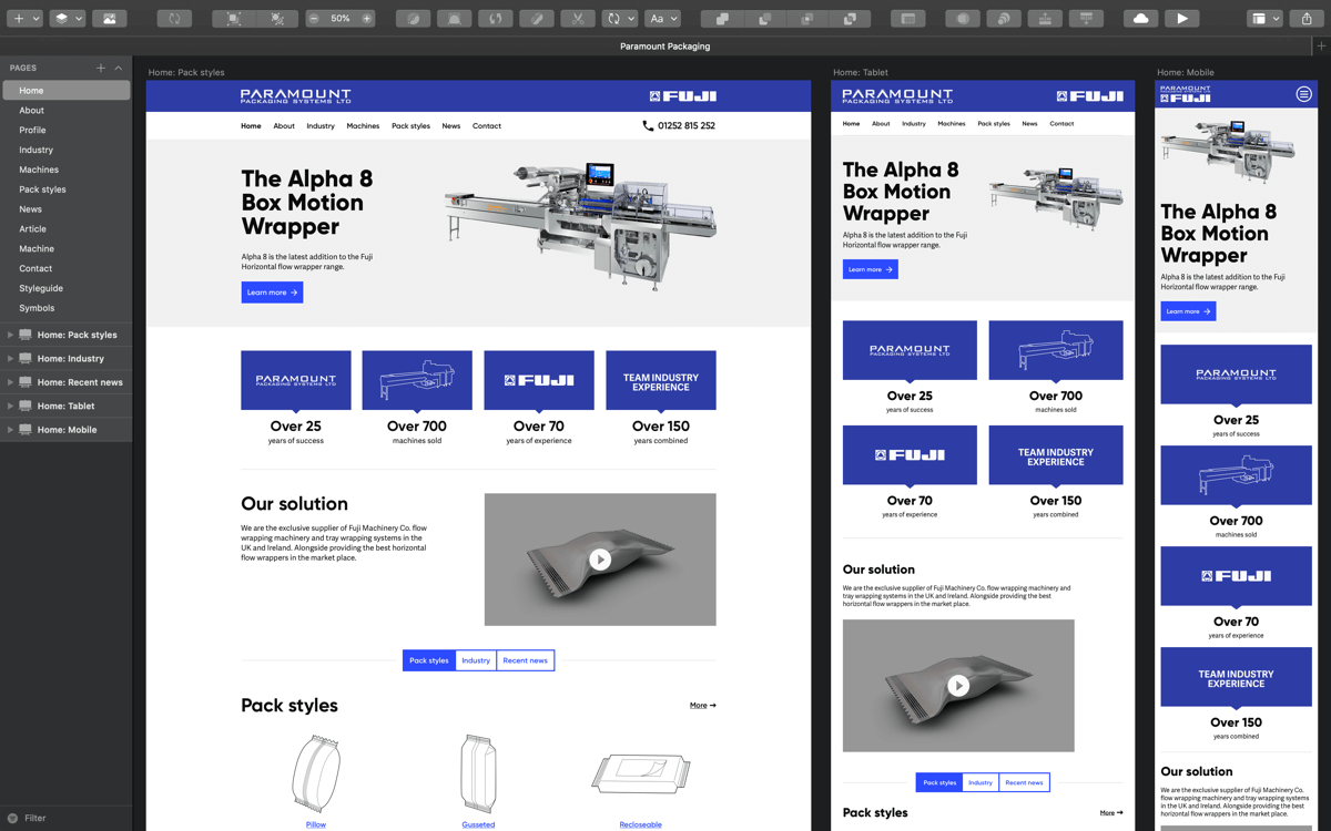 Paramount Packaging home page design for desktop, tablet and mobile devices