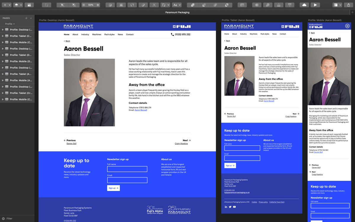 Paramount Packaging profile page design for desktop, tablet and mobile devices